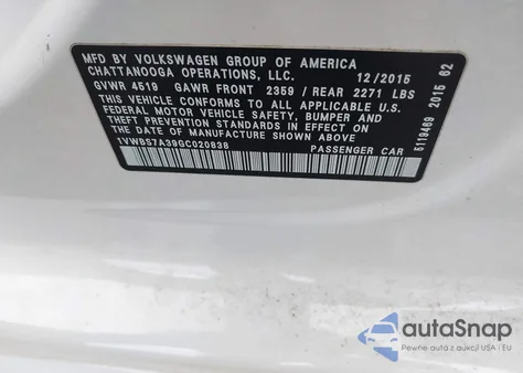 2016 Volkswagen Passat 1.8T Se z USA, uszkodzony, nr VIN 1VWBS7A39GC020838